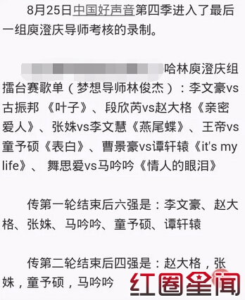 中国好声音第四季庾澄庆战队四强学员名单